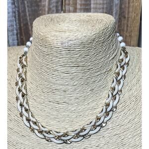 Vintage CORO Silver Tone & White Enamel Necklace Geometric Art Deco Style 17"